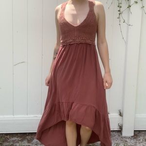 Boho crocheted tiered flowy high-low dress with cinched waist